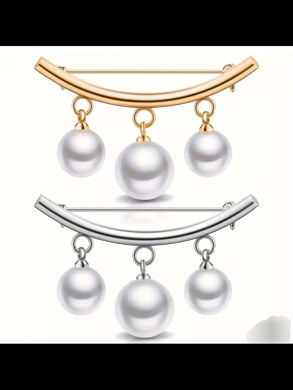 Triple Pearl Dangle Brooch Pin - Gold or Silver